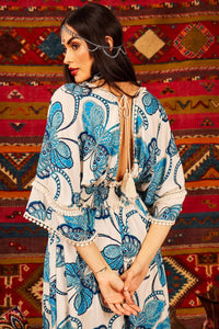 Yacamim White Butterfly Print Mullet Dress with Shirred Waist