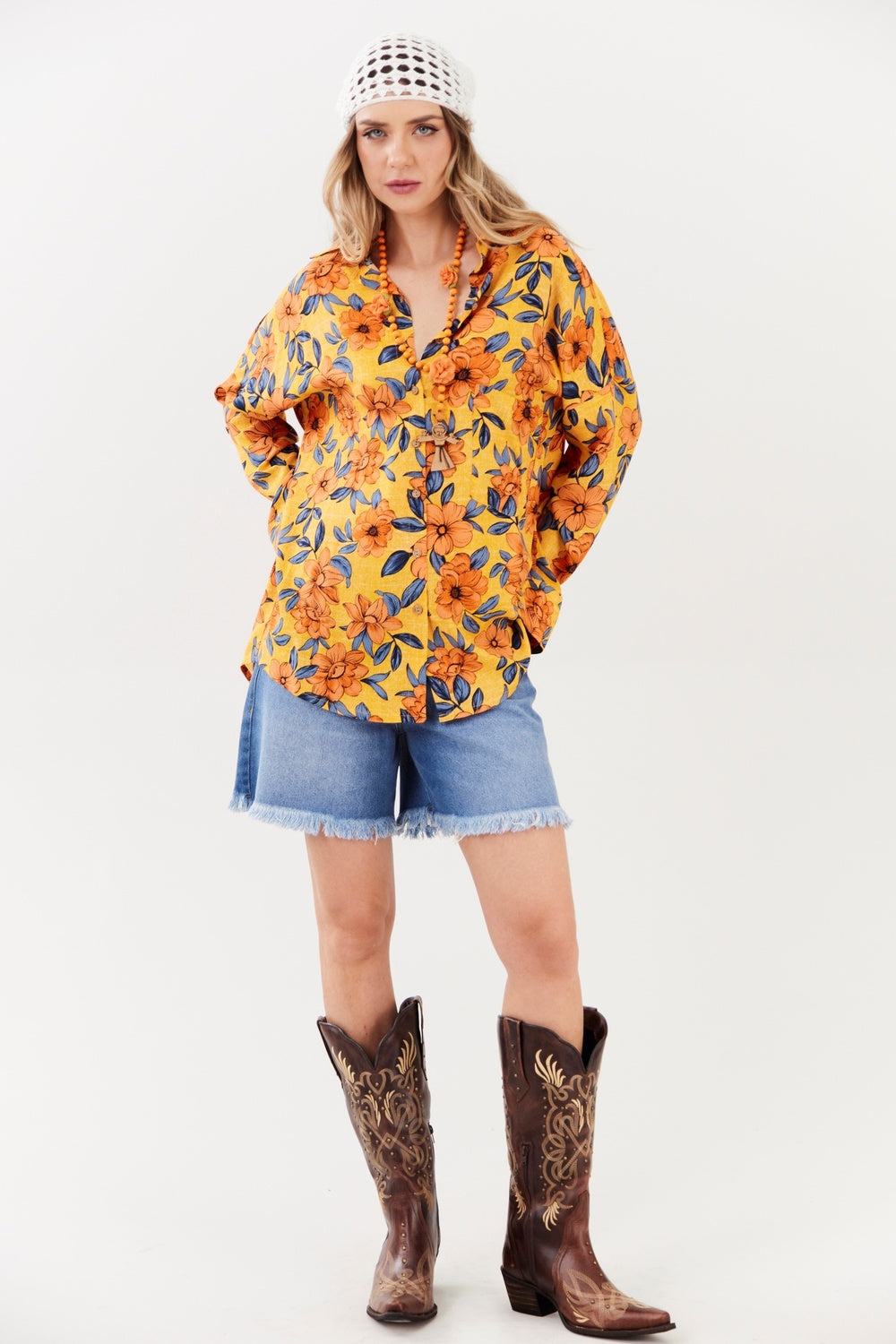 Yacamim A25 Orange Loose Fit Printed Shirt