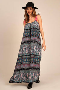 Yacamim C3 Basic Black Cashmere Print Long Dress with Tie Straps