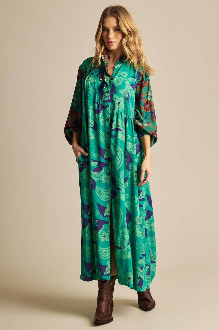 Long Patchwork Yacamim Green P4 Puff-Sleeve Shirt