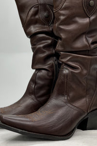 Yacamim Women's Brown Leather Pointed Toe Knee-High Boots #130