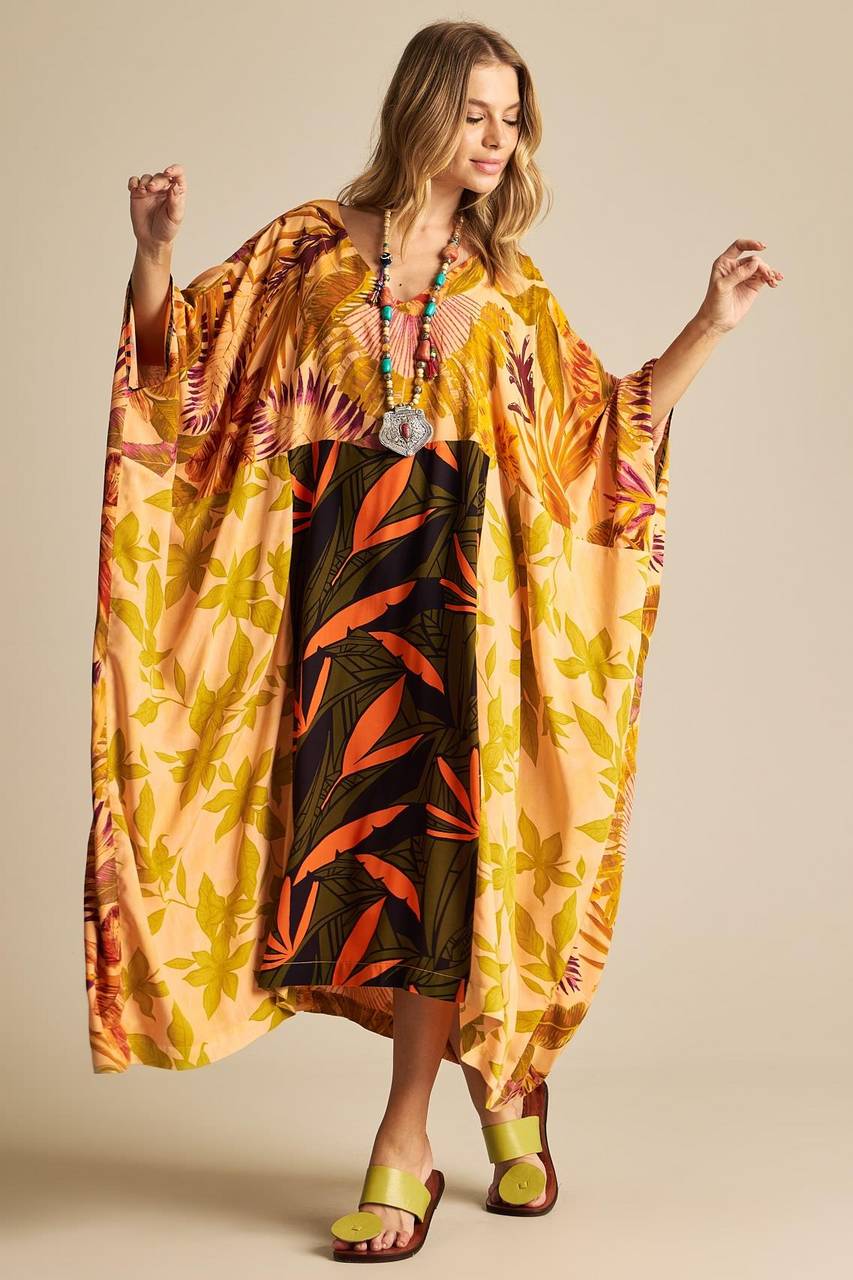 Yacamim Orange Patchwork Wide V-Neck Kaftan