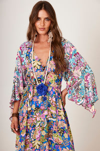 Yacamim D28 Long Blue Patchwork Printed 3/4 Sleeve Dress