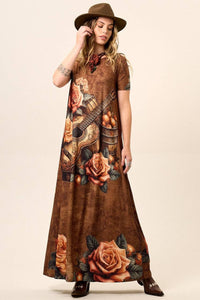 Brown Short-Sleeve Long Dress with Guitar Print Yacamim E11