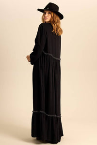 Yacamim Black Long Sleeve V-Neck Long Dress e23