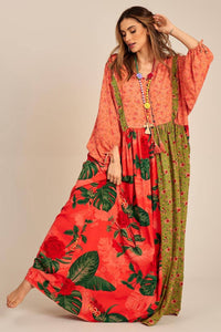 Yacamim Salmon and Red Patchwork Wide Maxi Dress