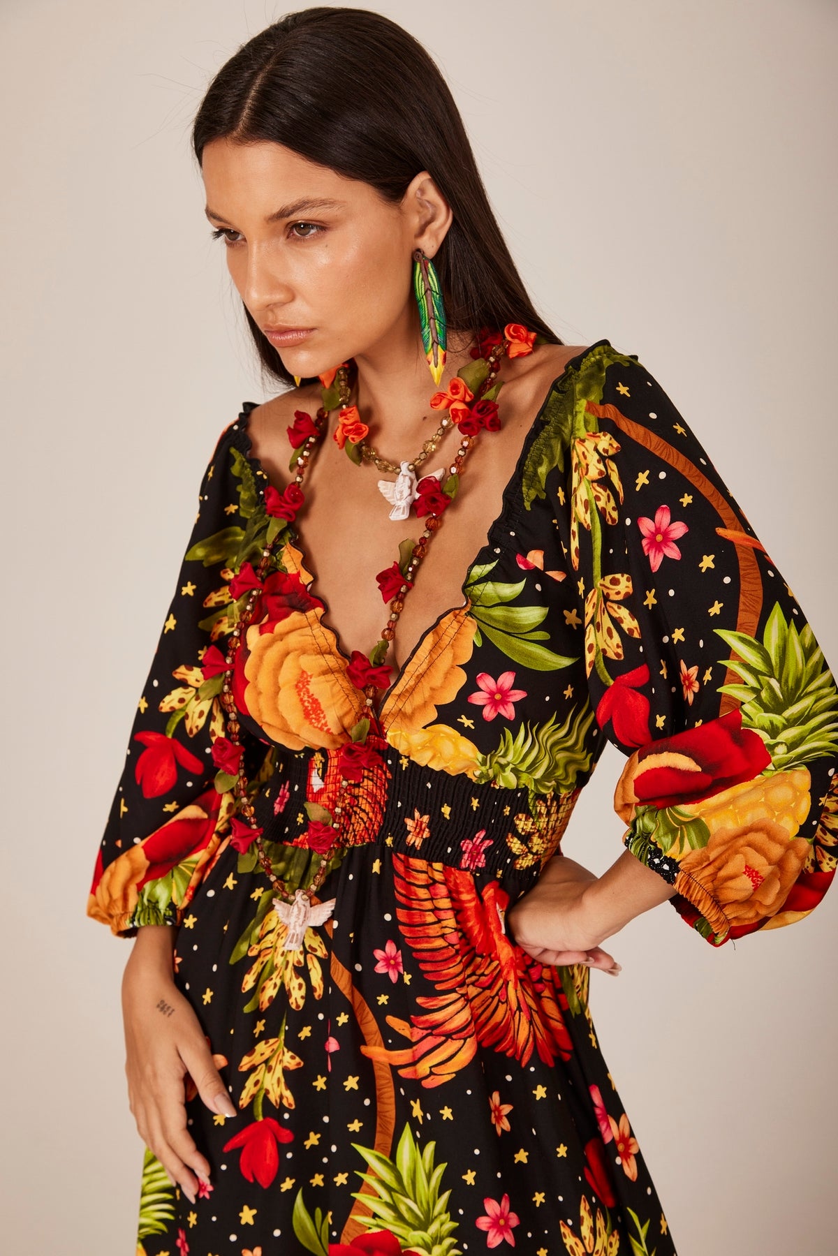 Yacamim E27 Black Printed Long Dress with Smocked Waist