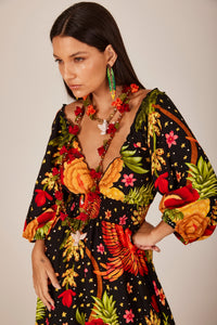 Yacamim E27 Black Printed Long Dress with Smocked Waist