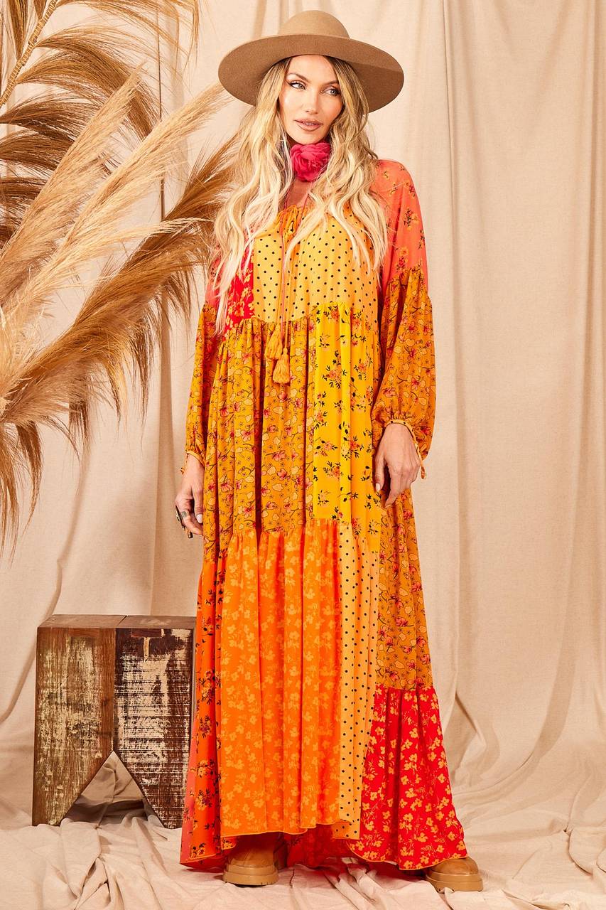 Long Dress With Puffy Long Sleeves Patchwork Yacamim D10