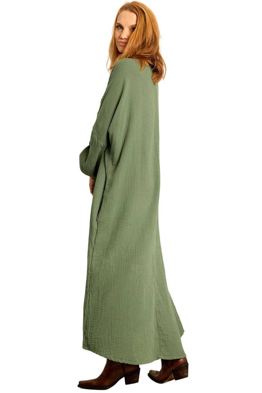 Long Dress with Long Sleeves and Pockets Moss Green Yacamim D26