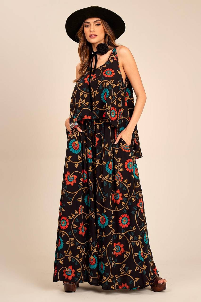 Yacamim Flared Pant Trousers in Black Print<br />
