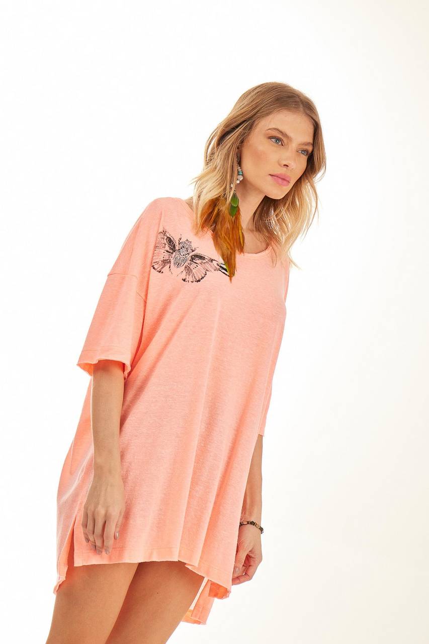 Yacamim Neon Pink Printed Loose Basic T-Shirt