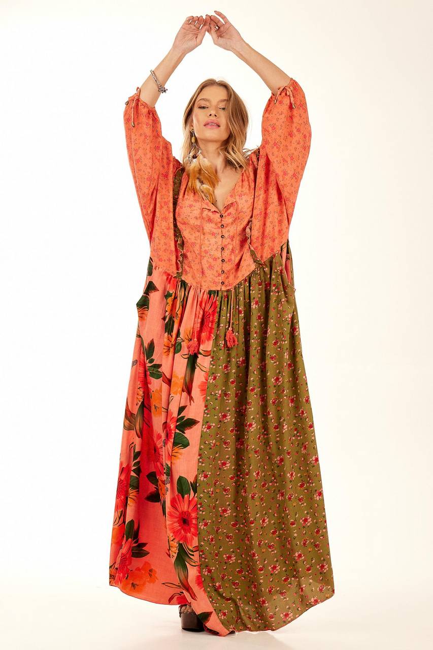 Yacamim Pink Patchwork Loose Long Dress with Puffed Sleeves