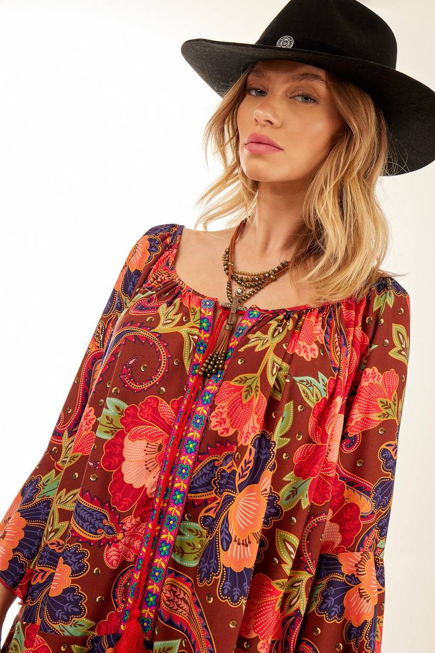Yacamim Wide Tunic with 3/4 Sleeves and Ruffles, Printed Red