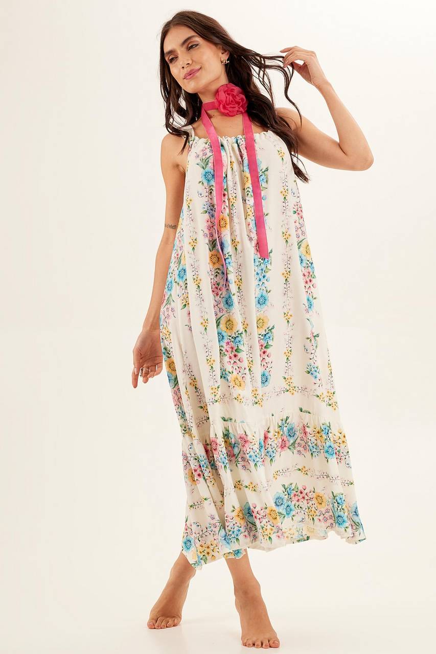 Yacamim Off-White Floral Print Loose-Fit Midi Sundress