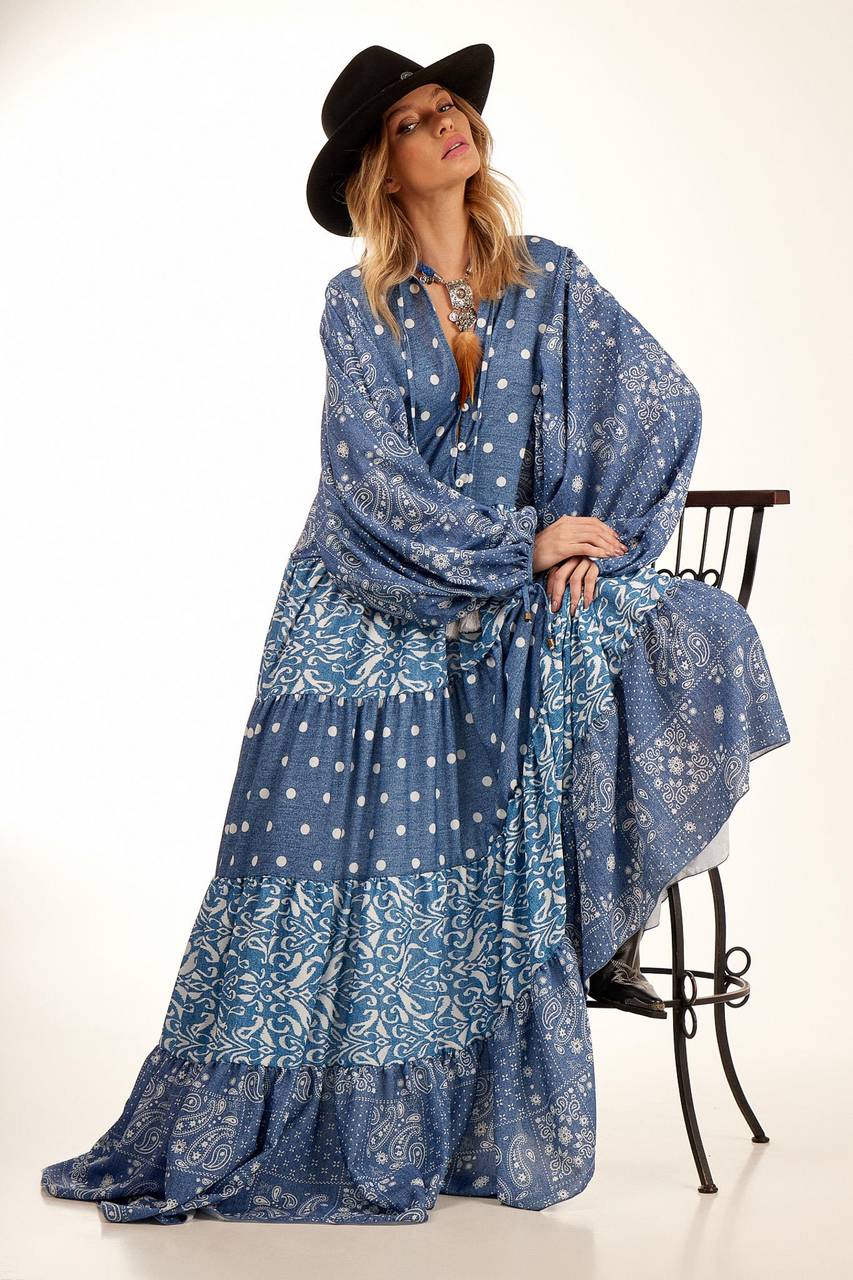 Yacamim Women's Long Wide Polyester Blue Printed Patchwork Dress