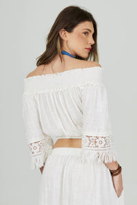 Yacamim Women's White Cotton Gypsy Cropped Blouse - Bahêa Collection Q8