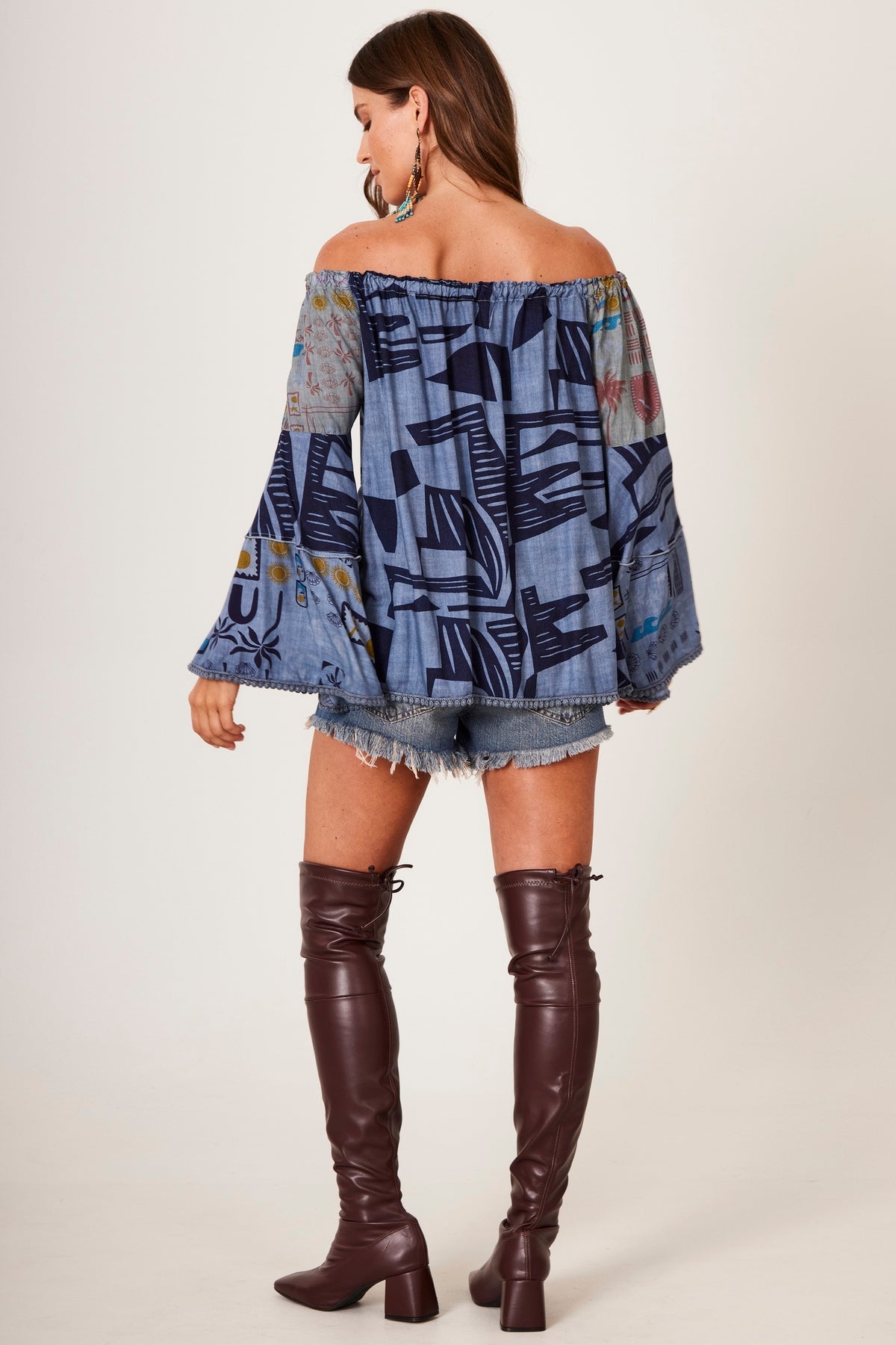 Yacamim Women's Gypsy Blouse with Flared Sleeves Blue Patchwork B21