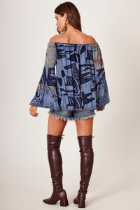 Yacamim Women's Gypsy Blouse with Flared Sleeves Blue Patchwork B21