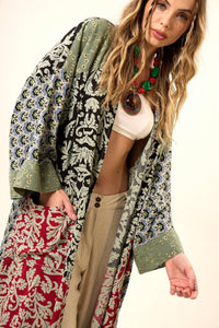 Yacamim Patchwork Green Long Kimono with Wide Long Sleeves