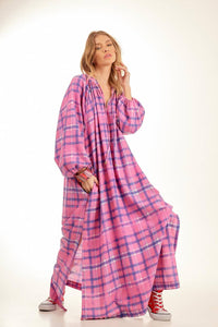 Yacamim Pink Plaid Long Dress with Puffy Long Sleeves