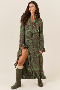 Vestido Longo Amplo Com Túnel De Regulagem Verde Escuro Estampado Yacamim D1
