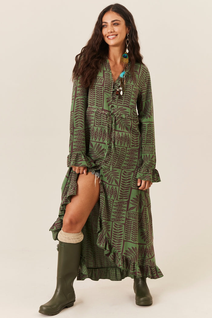 Vestido Longo Amplo Com Túnel De Regulagem Verde Escuro Estampado Yacamim D1