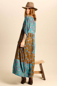 Teal Long Dress with Pom-pom Drawstrings Patchwork Yacamim