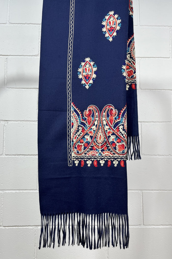 Yacamim Embroidered Navy Cashmere Scarf #163