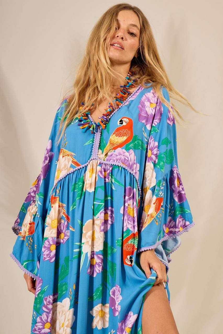 Yacamim Light Blue Printed Flare Long Sleeve Long Dress