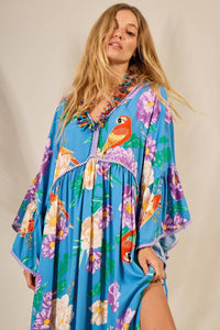 Yacamim Light Blue Printed Flare Long Sleeve Long Dress