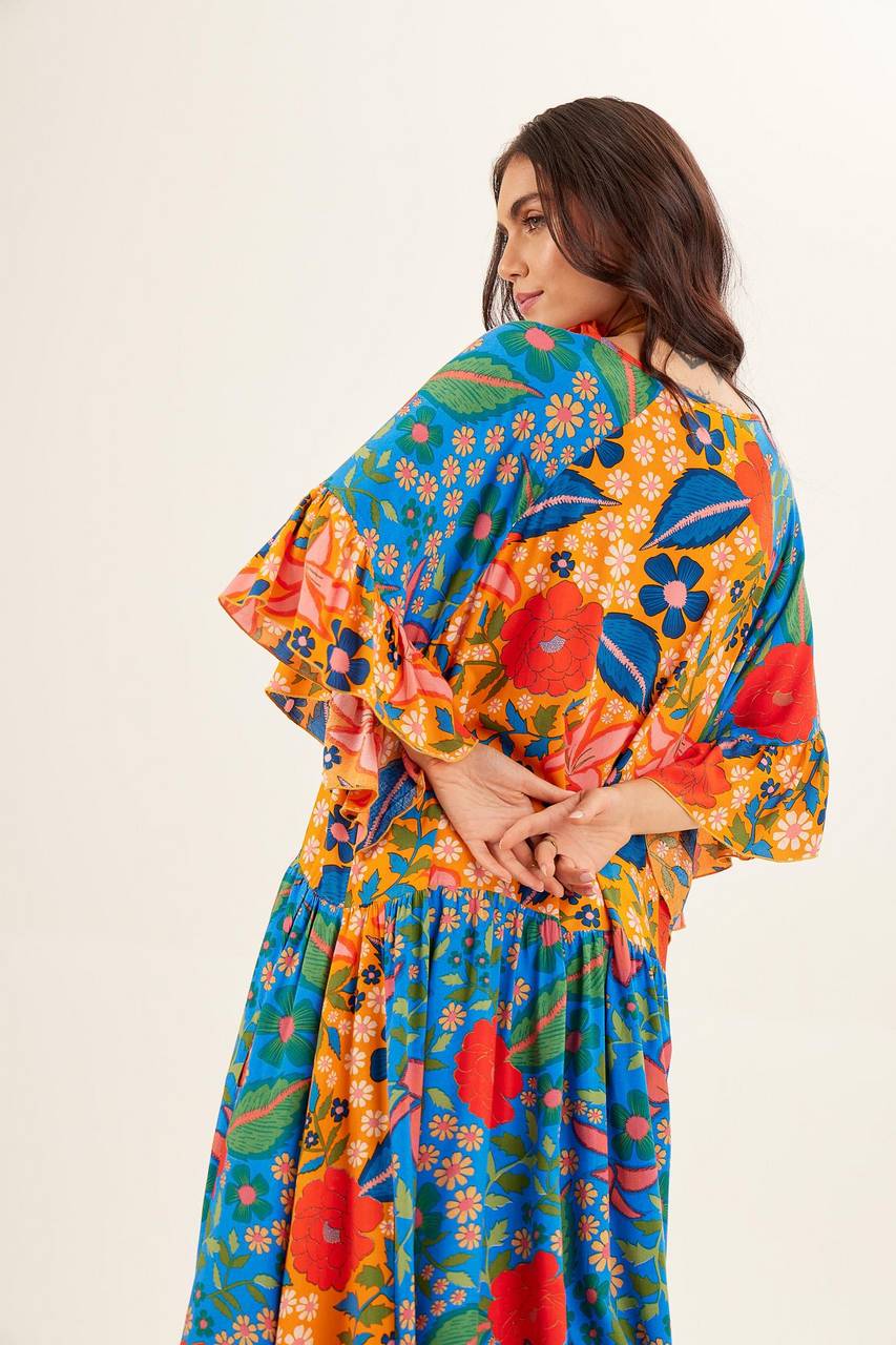 Yacamim Yellow and Blue Patchwork Long Dress with Round Neck