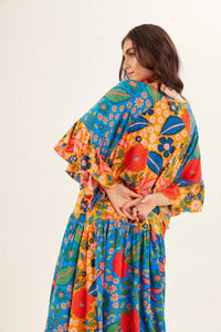 Yacamim Yellow and Blue Patchwork Long Dress with Round Neck