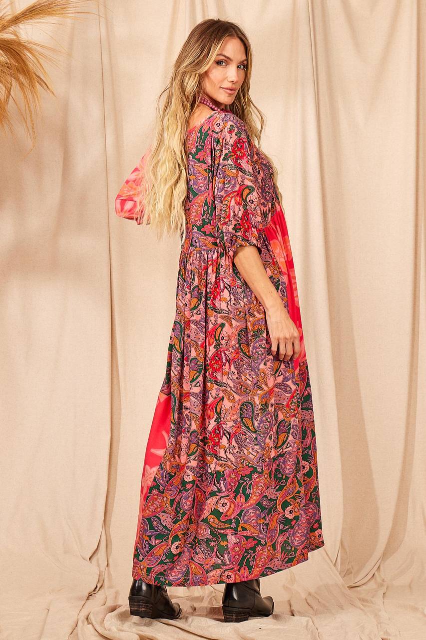 Women's Pink Patchwork Pom Pom Drawstring Long Dress
