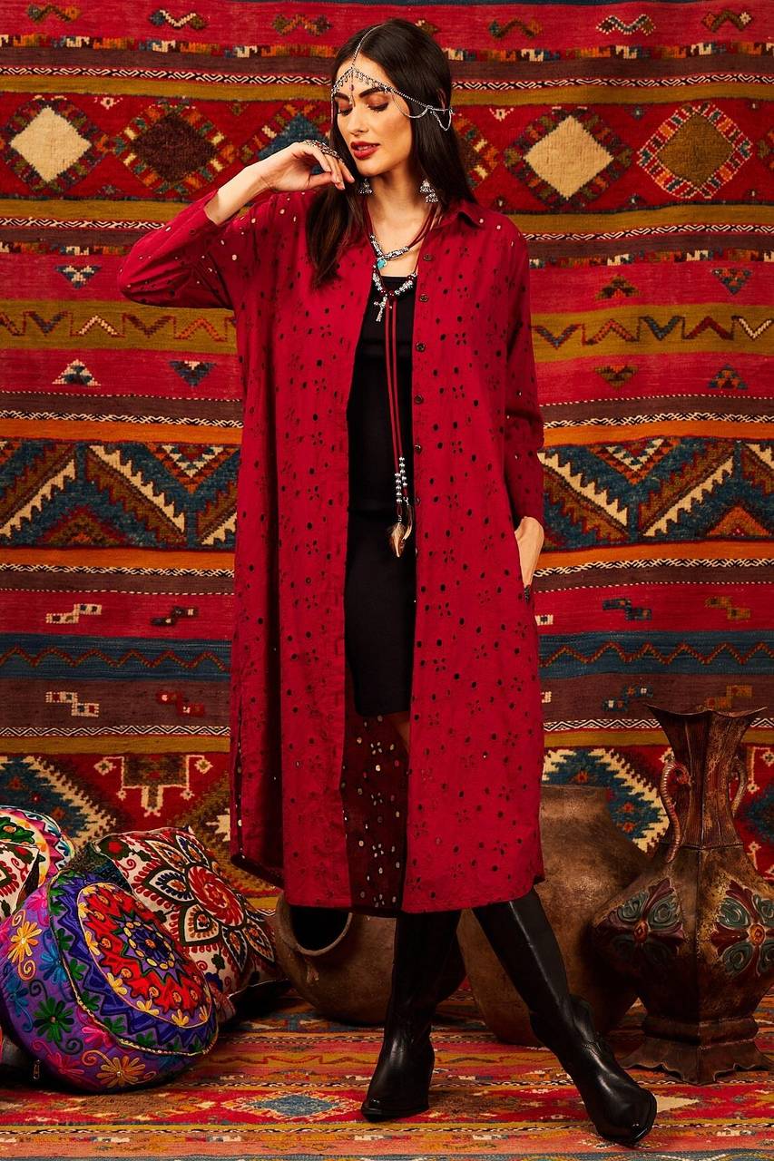 Yacamim Wine Broderie Midi Shirt with Rolled Sleeves