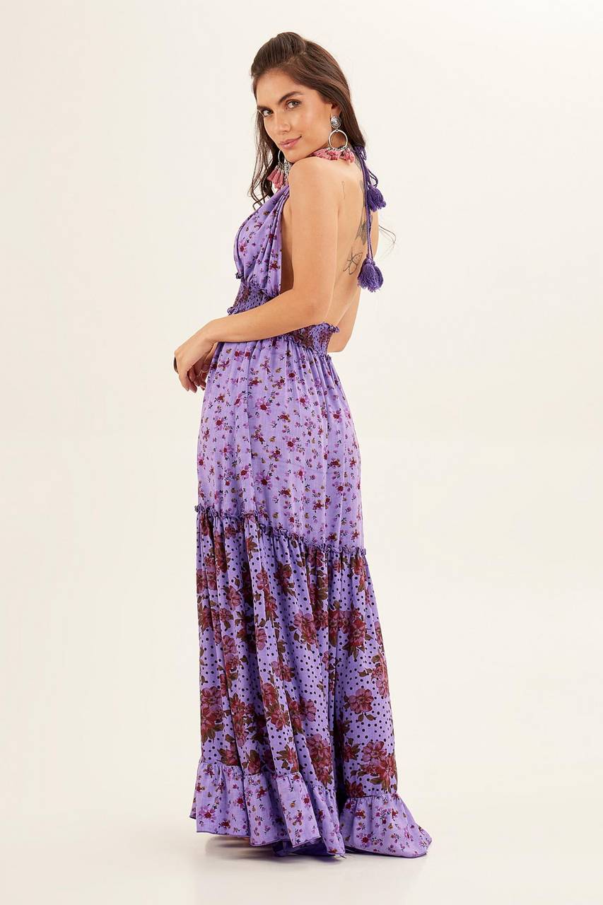 Yacamim Patchwork Purple Halter Neck Maxi Dress