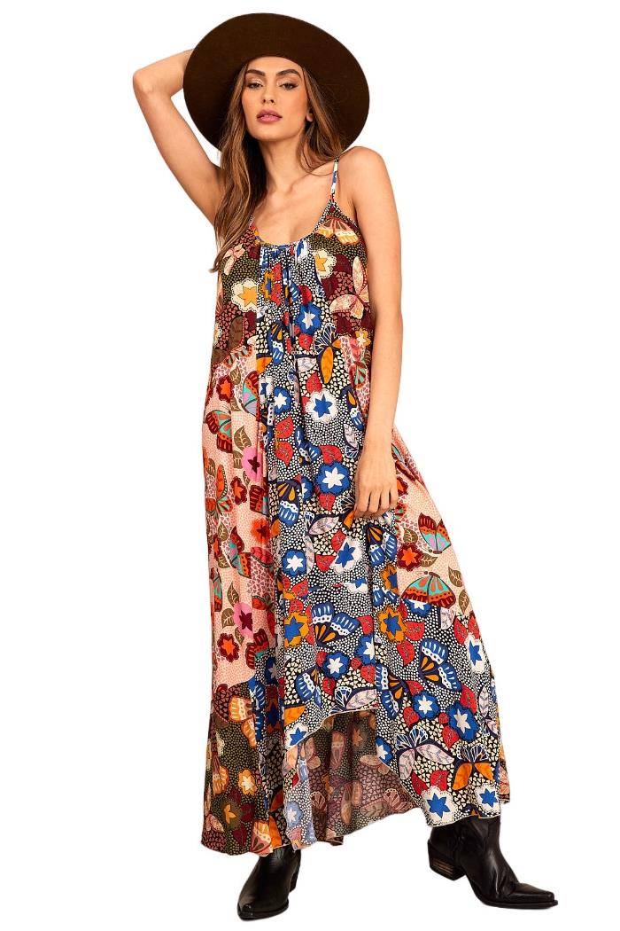 Yacamim D27 Printed Patchwork Long Dress with Adjustable Straps