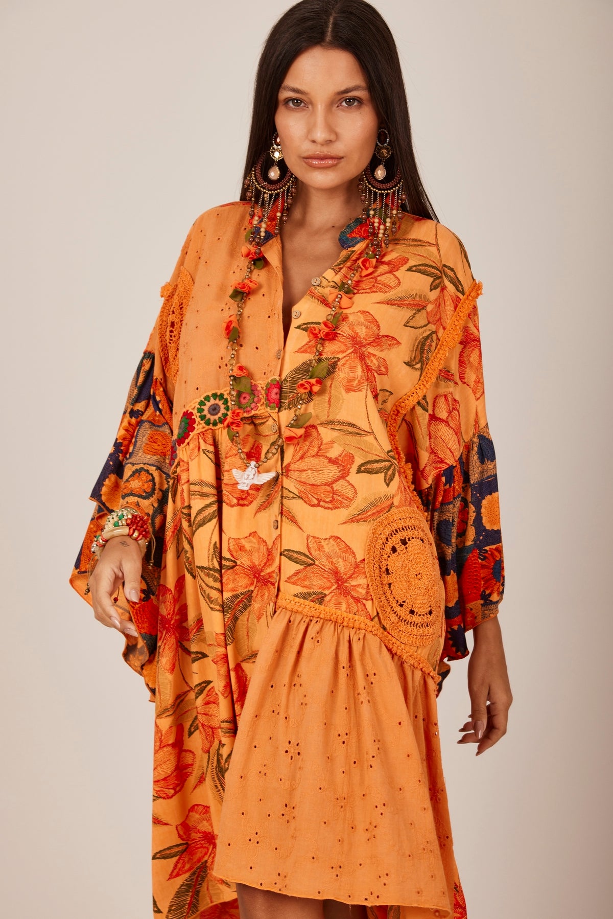 Short Dress with Orange Crochet Details Patchwork Yacamim D13