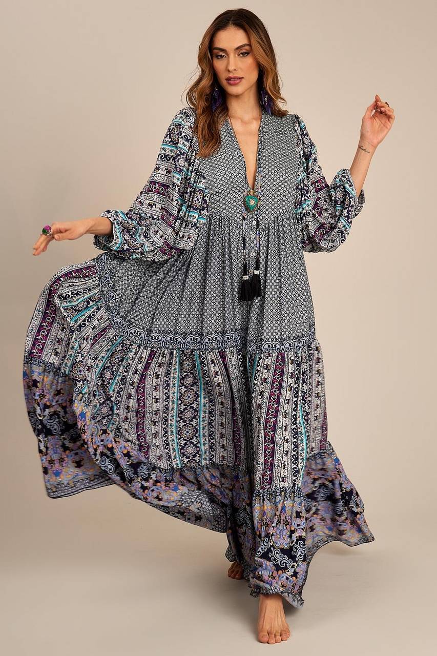 Yacamim Patchwork Blue Long Chemise Dress with Puffed Long Sleeves