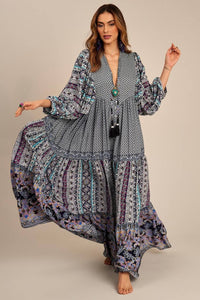 Yacamim Patchwork Blue Long Chemise Dress with Puffed Long Sleeves