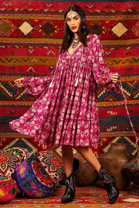Loose Short Dress with V-neck Purple Printed Yacamim