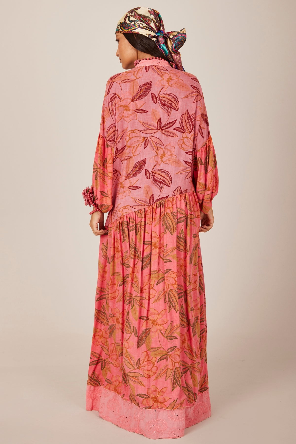 Women's Long Dress with Pink Patchwork Crochet Yacamim D14