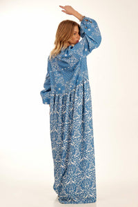 Blue Patchwork Yacamim Long Polyester Dress With Puffy Sleeves