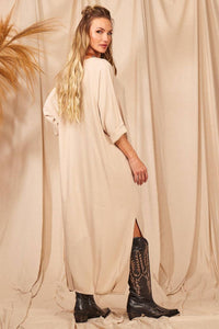 Yacamim Beige Batwing Sleeve Straight Midi Dress