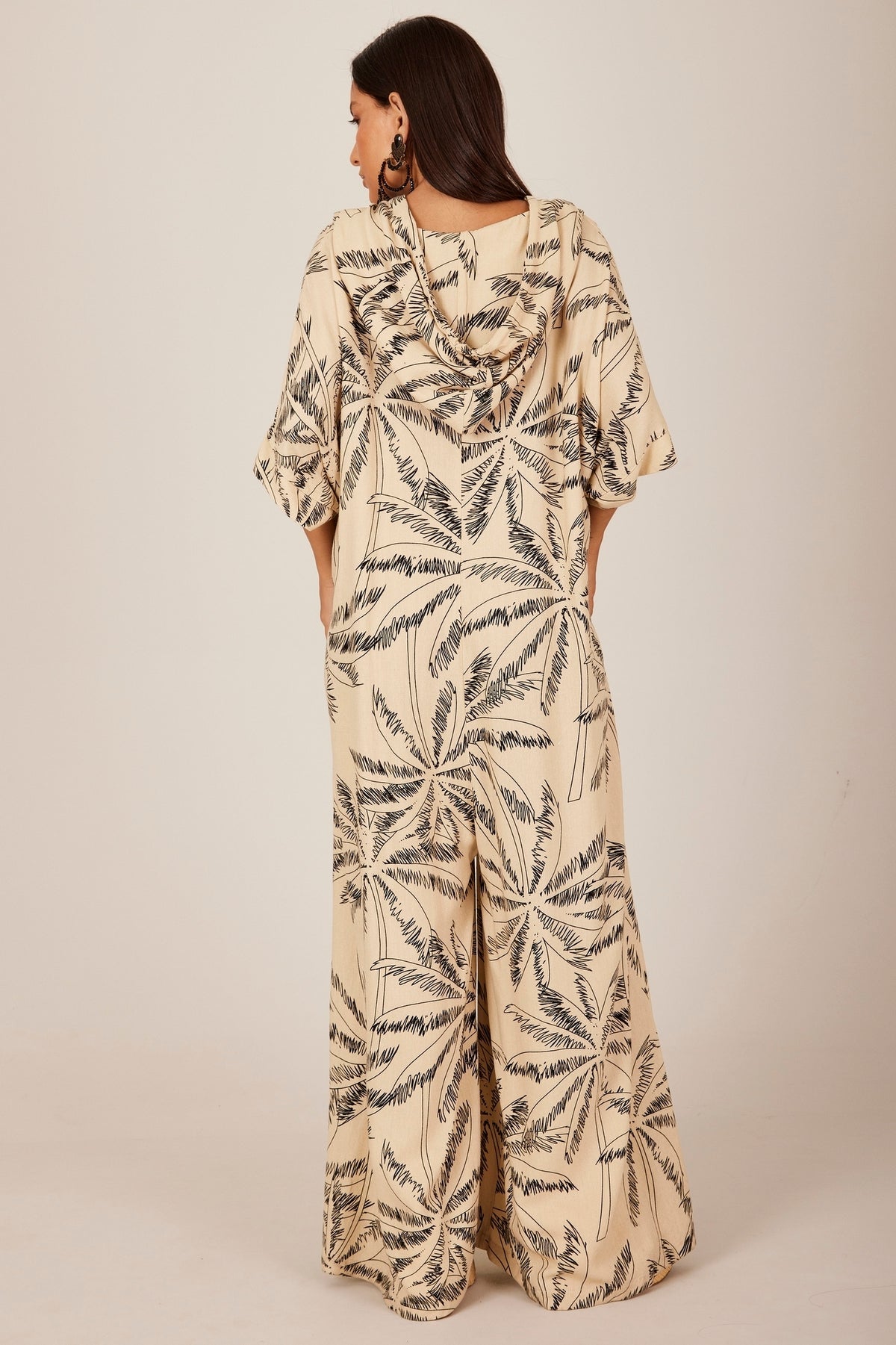 Long Beige Hooded Jumpsuit with Wide Legs by Yacamim 09