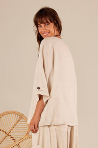 Yacamim Wide Beige 100% Linen Cambric Blouse