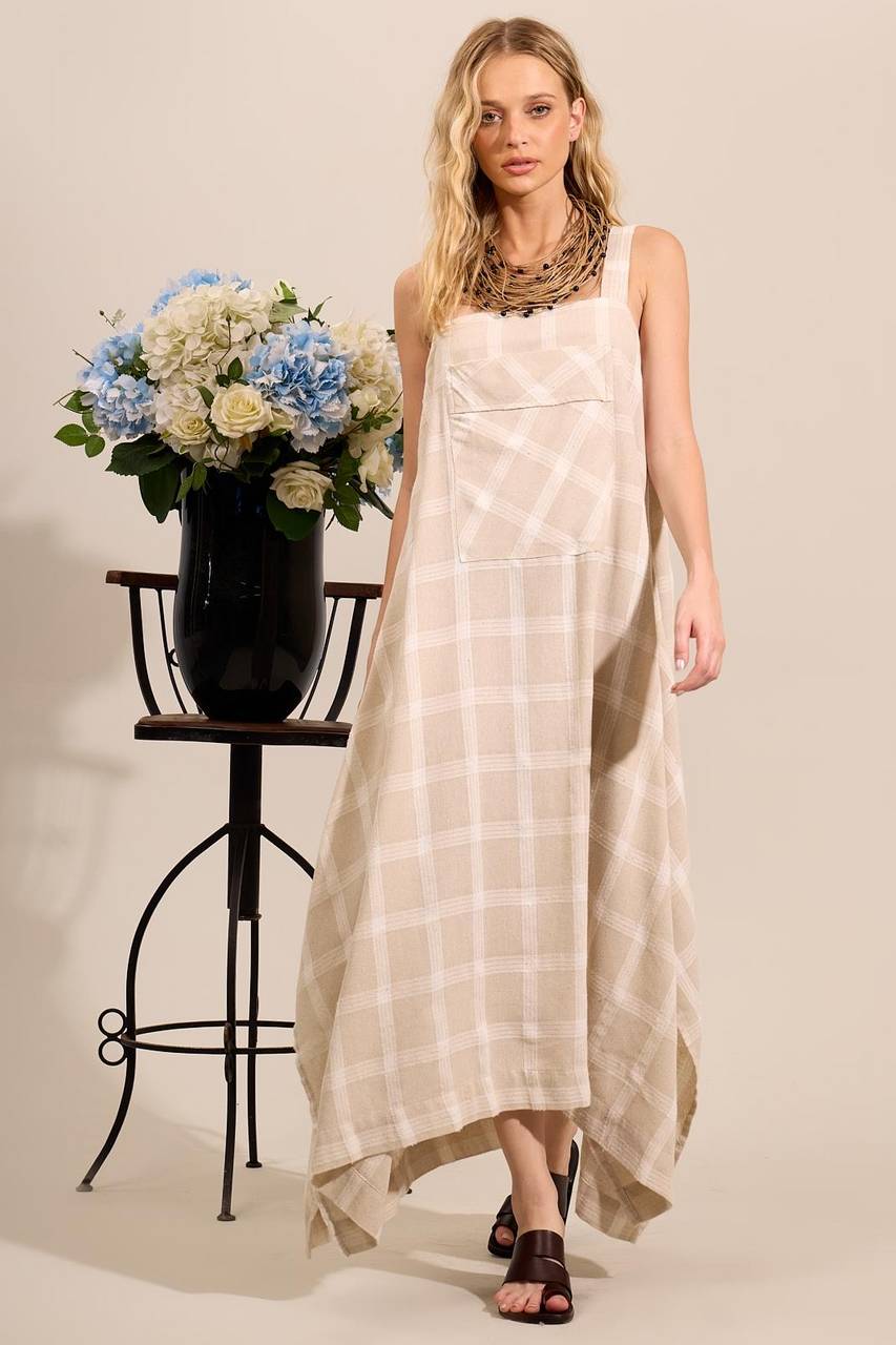 Yacamim C26 Beige Plaid Linen Midi Dress