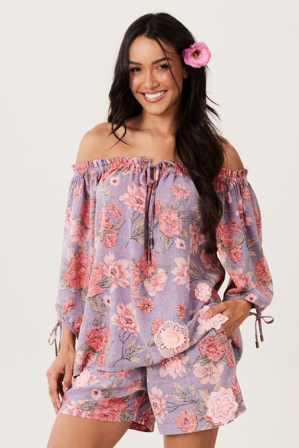 Paraty Gypsy Blouse 100% Cotton Lilac Floral Yacamim B10
