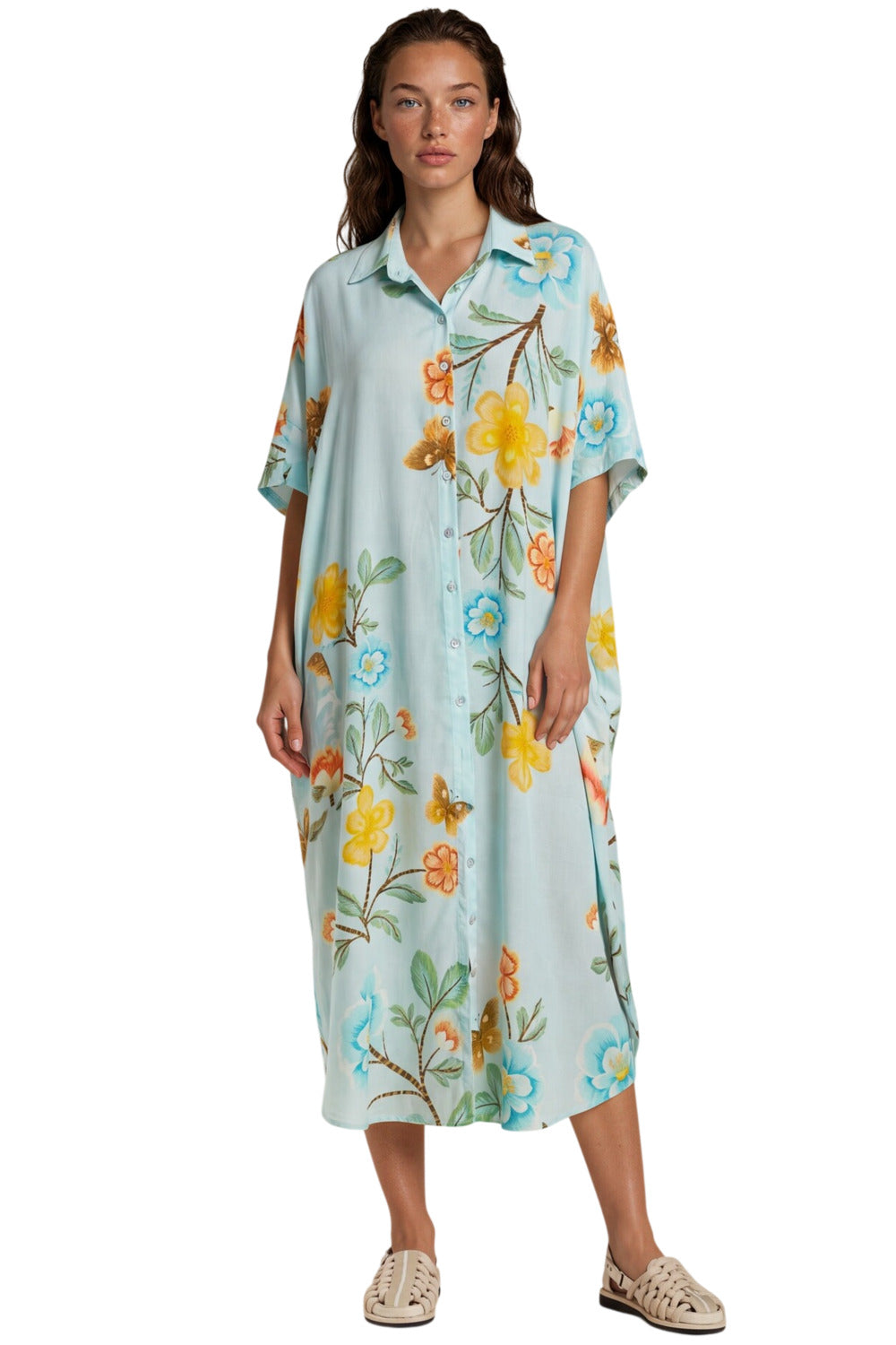 Chemise Midi Ampla Estampada Azul Claro Yacamim N1