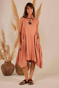 Yacamim Terracotta Sleeveless Linen Mini Dress